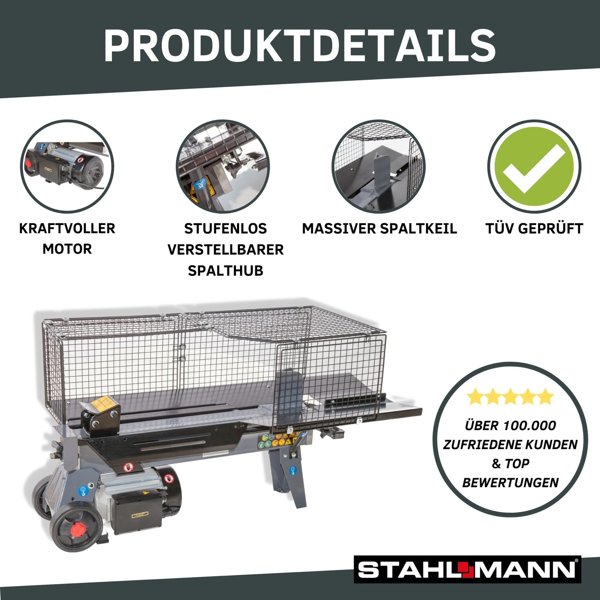 STAHLMANN® Hydraulik-Holzspalter, 7 Tonnen Spaltkraft, Stufenlos Verstellbarer Spaltweg, Liegend, 2.300 Watt - Image 2