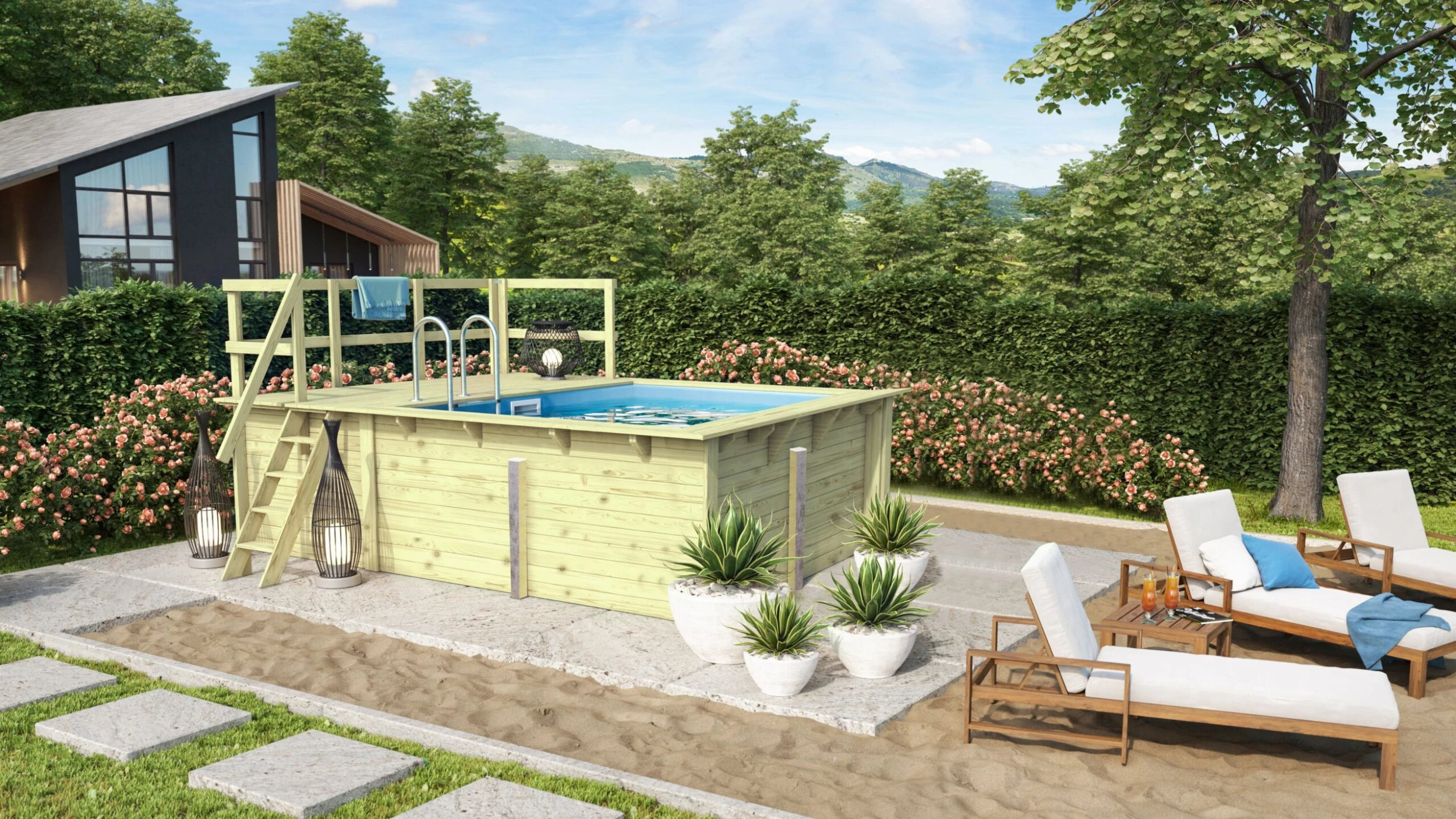 Karibu | Rechteckiger Massivholz Pool 308,7 X 276,5 Cm | Set Mit 1 Sonnenterrasse Inkl. Holzpool