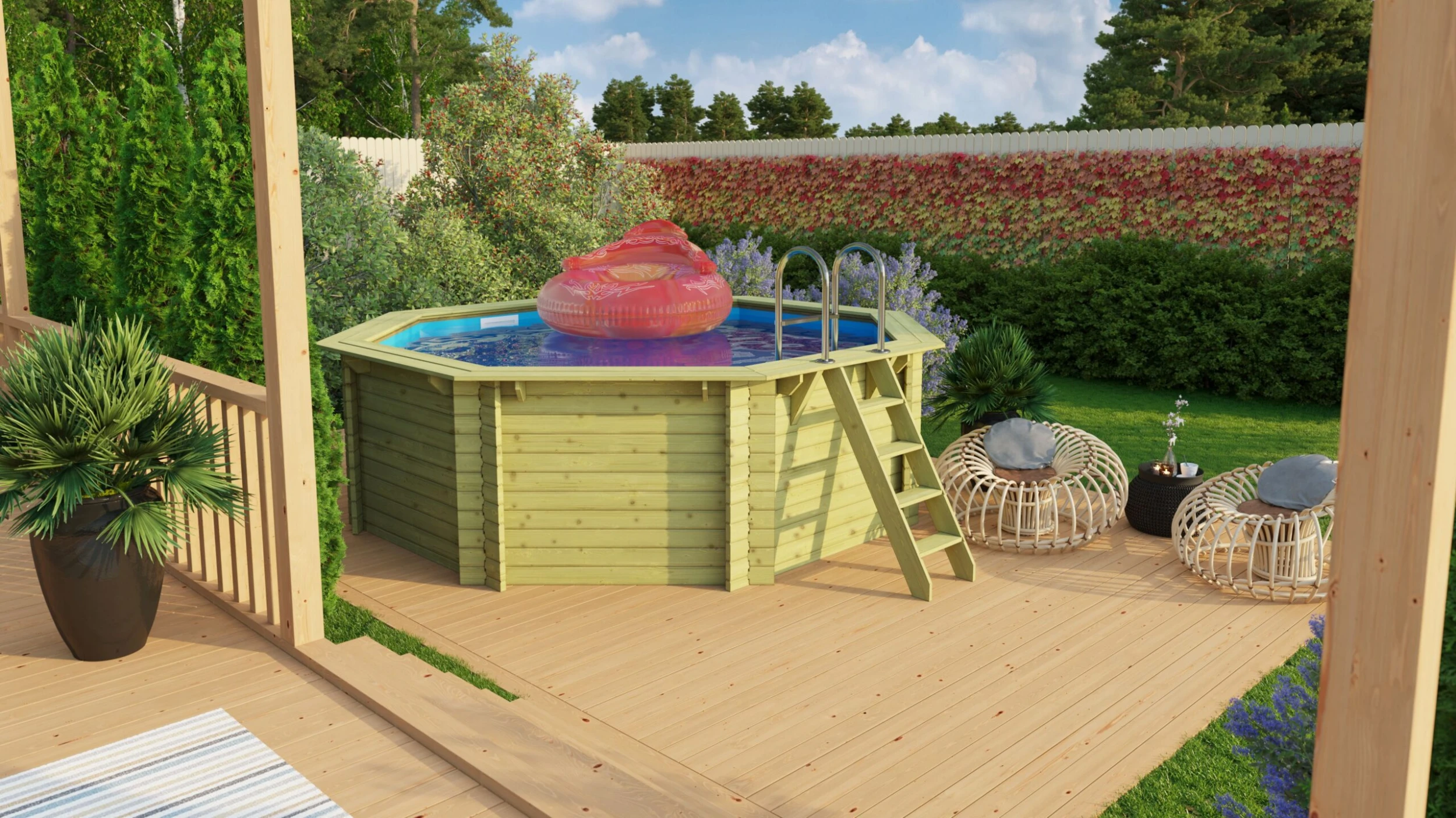 Karibu | Achteck Massivholz Pool 358 X 358 X 124 Cm Modell 1A| Inkl. Zubehör Und Pool Leitern