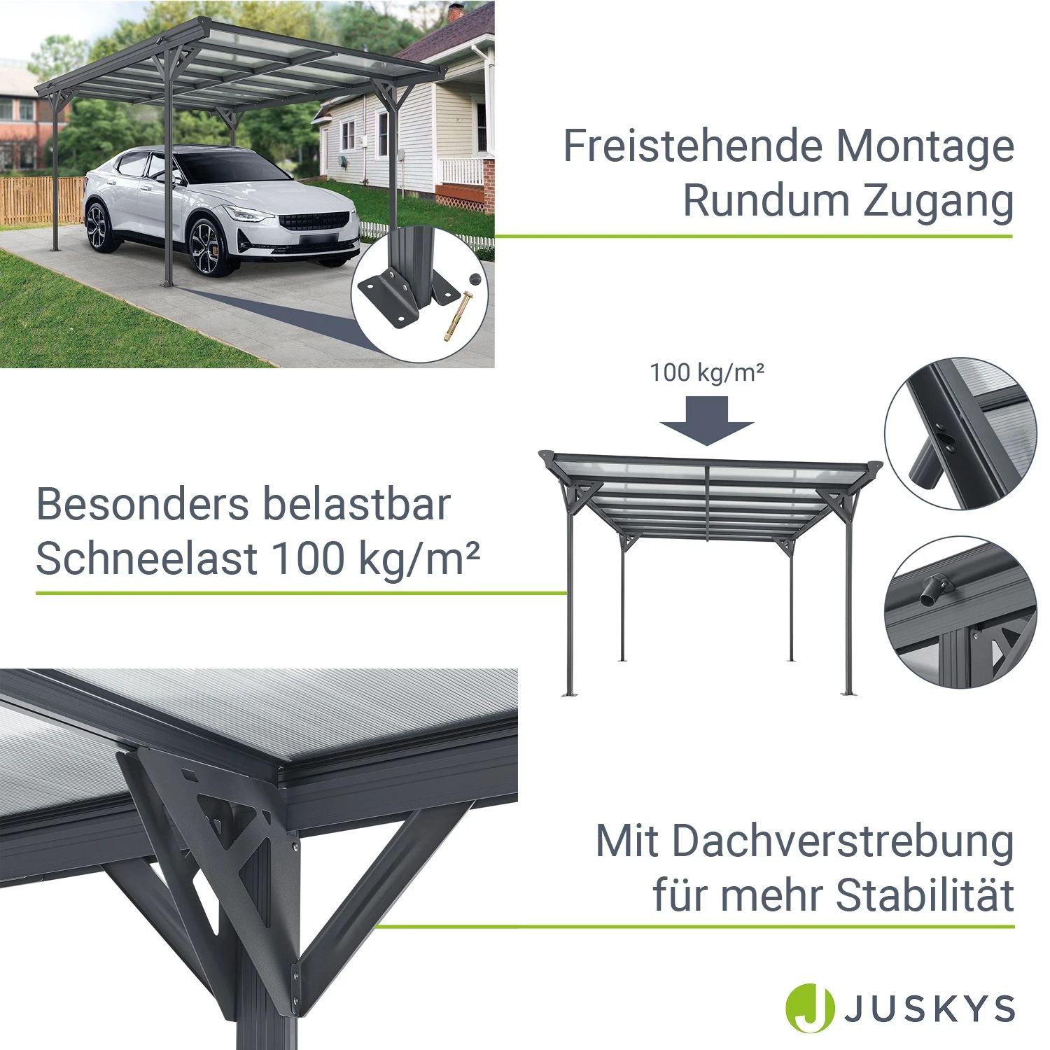 Juskys Carport Mit Flachdach 5x3 M – Freistehende Überdachung Aus Aluminium Mit Doppelstegplatten - Image 5