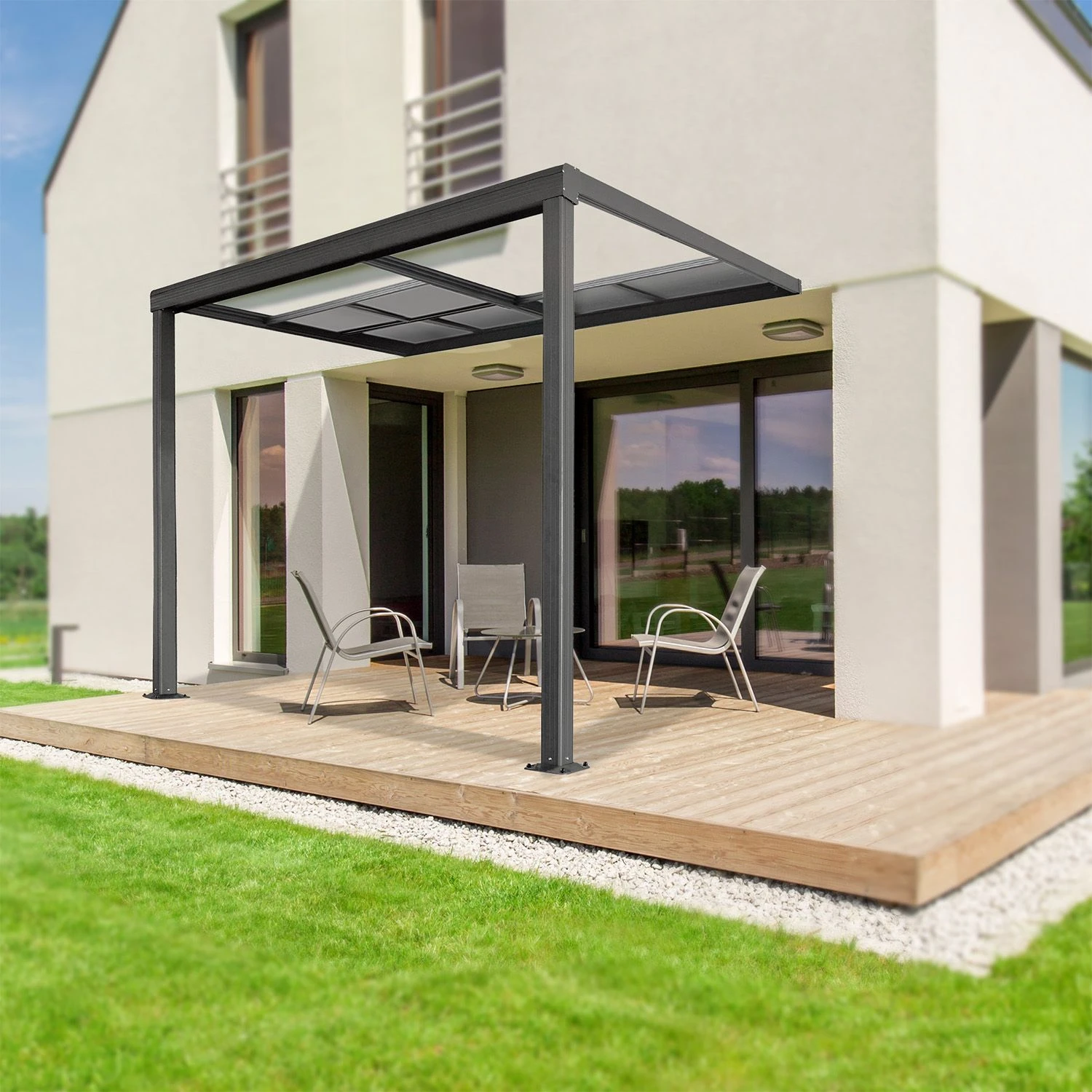 Juskys Terrassendach 3x3 M Mit Schiebedach - Alu Mit Doppelstegplatten – Wetterfeste - UV-Schutz - Image 2