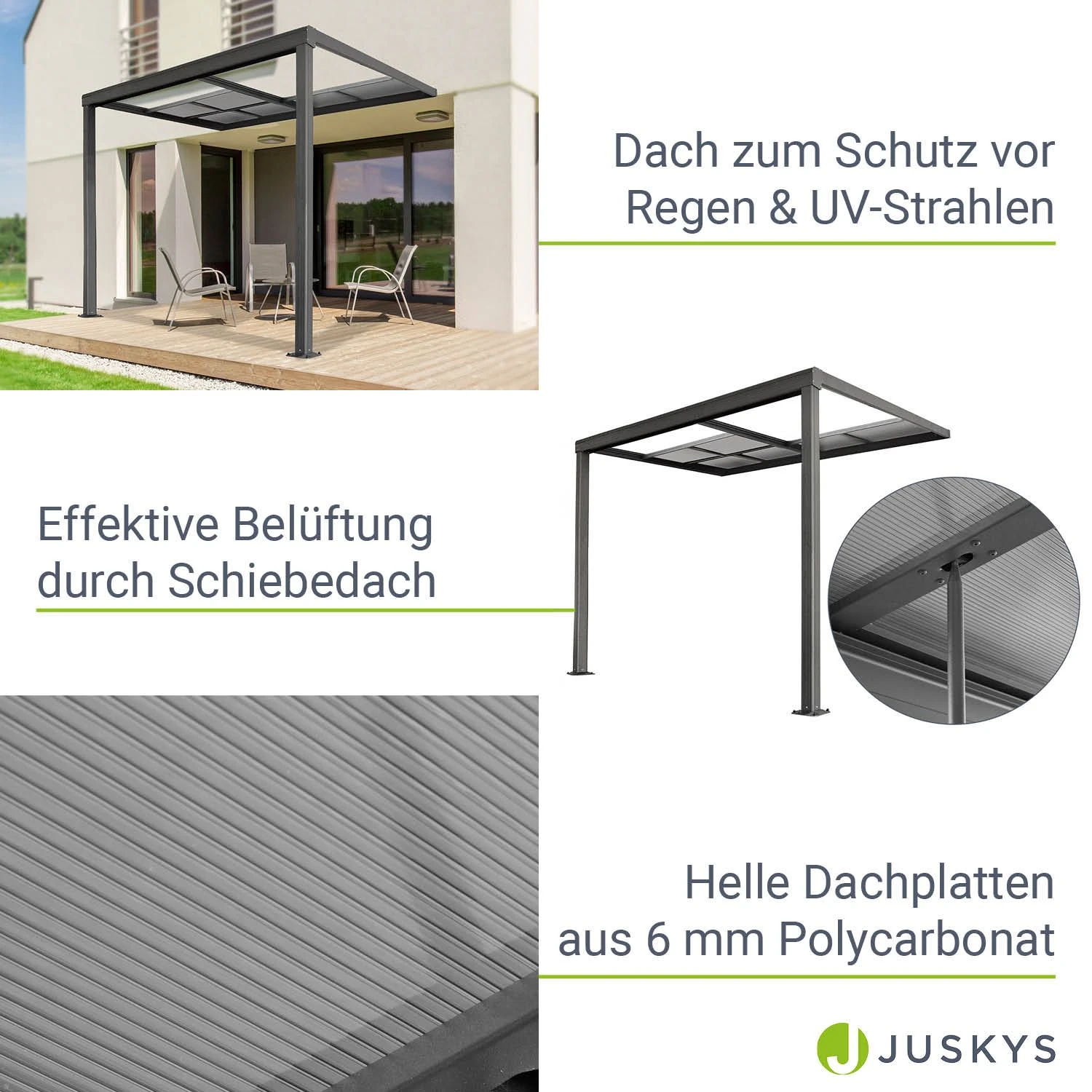 Juskys Terrassendach 3x3 M Mit Schiebedach - Alu Mit Doppelstegplatten – Wetterfeste - UV-Schutz - Image 4
