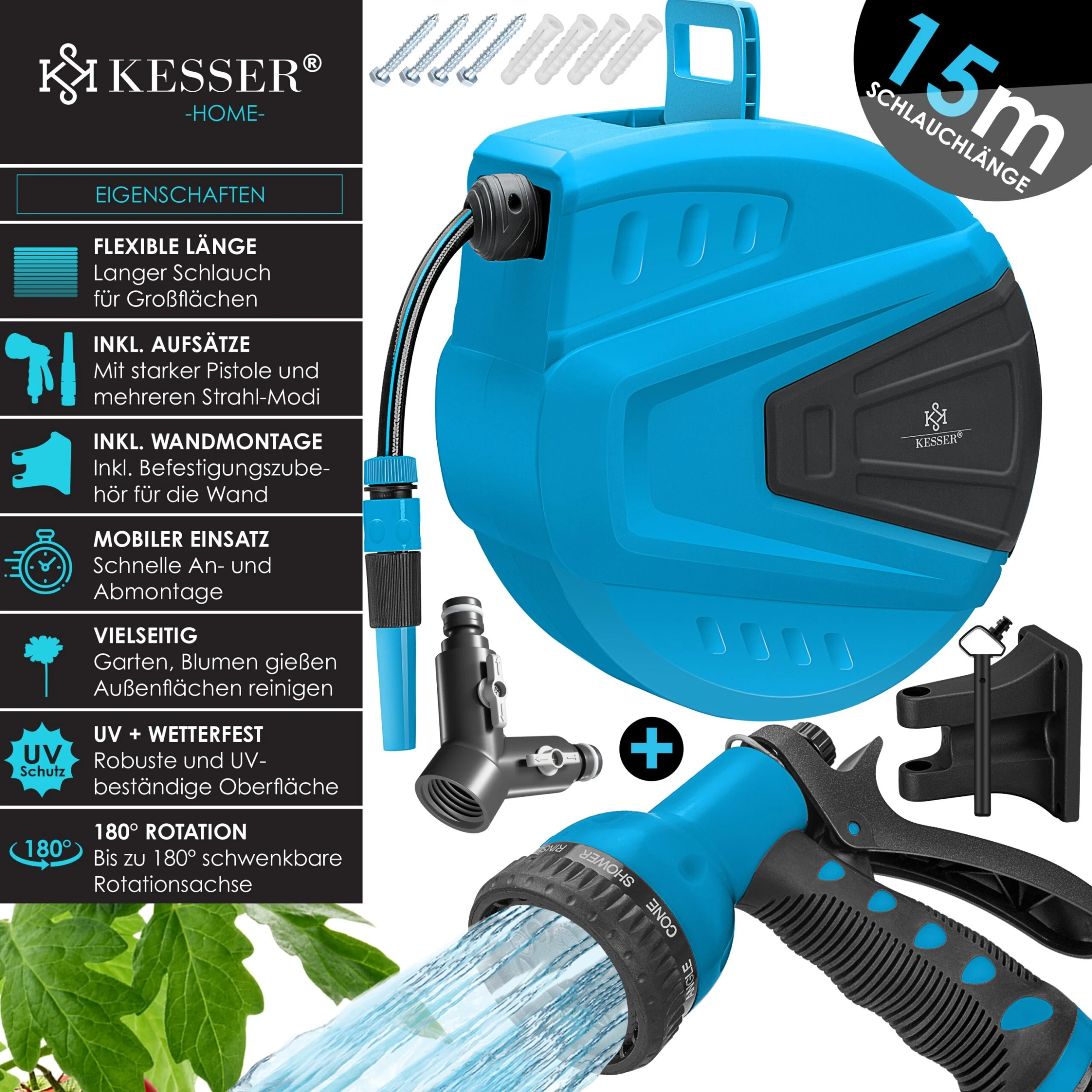 KESSER® Schlauchtrommel Schlauchaufroller Wasser | Multi-Handbrause | 180° Schwenkbar | Aufwickelstopper | Wandhalterung | Wand-Schlauchbox | Wasserschlauchtrommel | Gartenschlauch | - Image 2