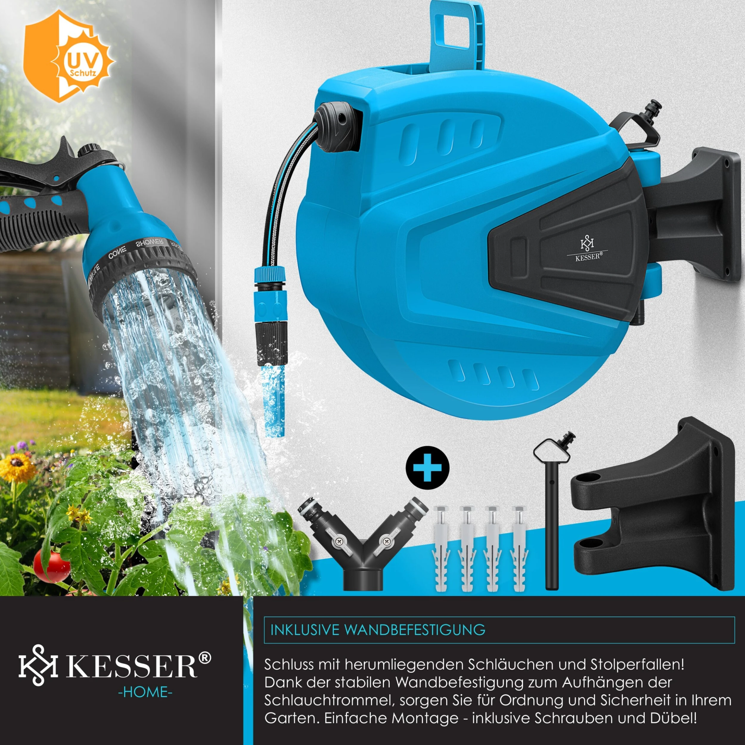 KESSER® Schlauchtrommel Schlauchaufroller Wasser | Multi-Handbrause | 180° Schwenkbar | Aufwickelstopper | Wandhalterung | Wand-Schlauchbox | Wasserschlauchtrommel | Gartenschlauch | - Image 3