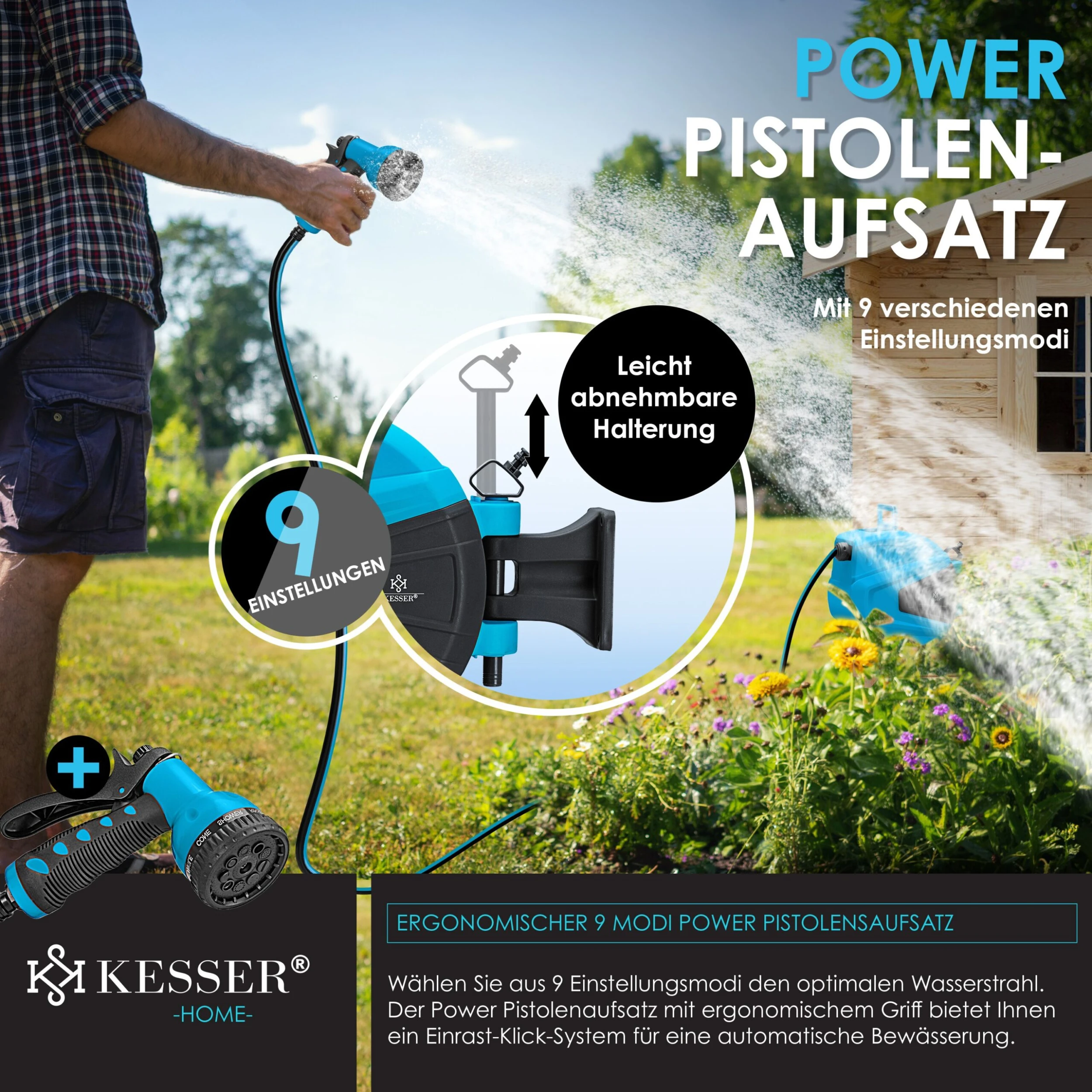 KESSER® Schlauchtrommel Schlauchaufroller Wasser | Multi-Handbrause | 180° Schwenkbar | Aufwickelstopper | Wandhalterung | Wand-Schlauchbox | Wasserschlauchtrommel | Gartenschlauch | - Image 6