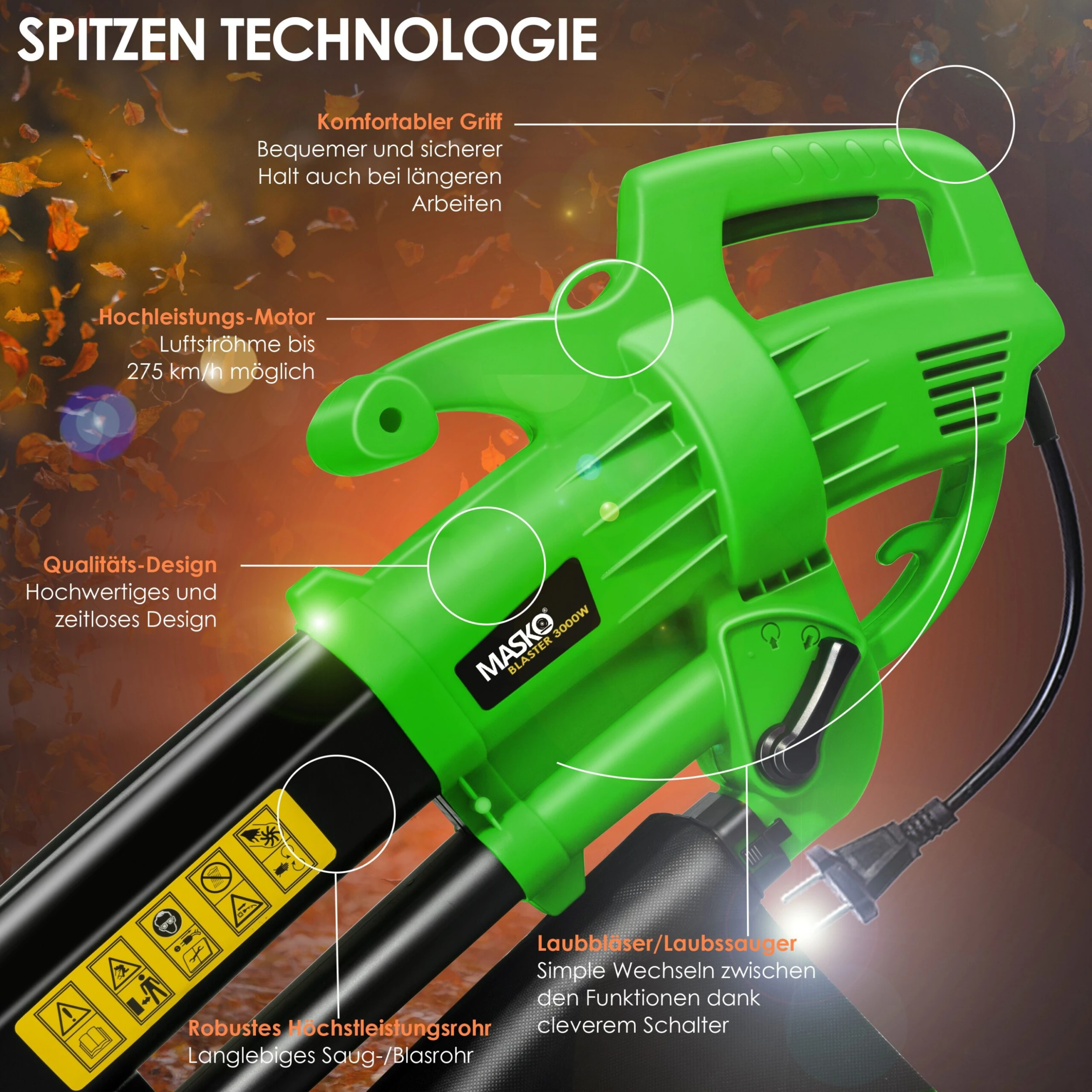 MASKO® Elektro Laubsauger 3in1 Elektrischer 3000W 45L Laubbläser Laubhäcksler - Image 3