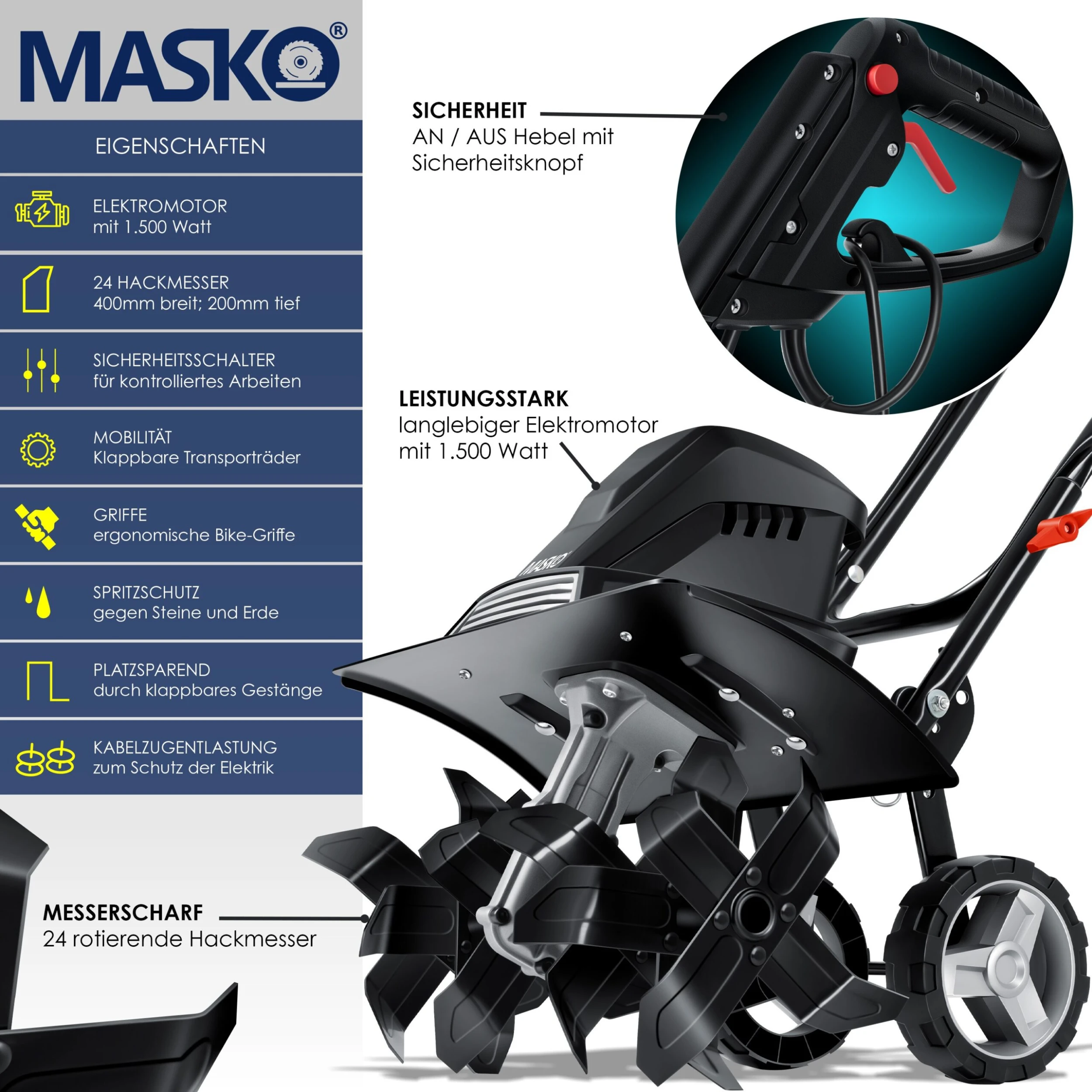 MASKO® Elektrische Motorhacke 1500 Watt | 40cm Arbeitsbreite 20cm Arbeitstiefe | Bodenhacke | Ackerfräse Kultivator Gartenfräse | Elektro Hacke | Klappbarer Handgriff | Metallgehäuse | Transporträder - Image 2