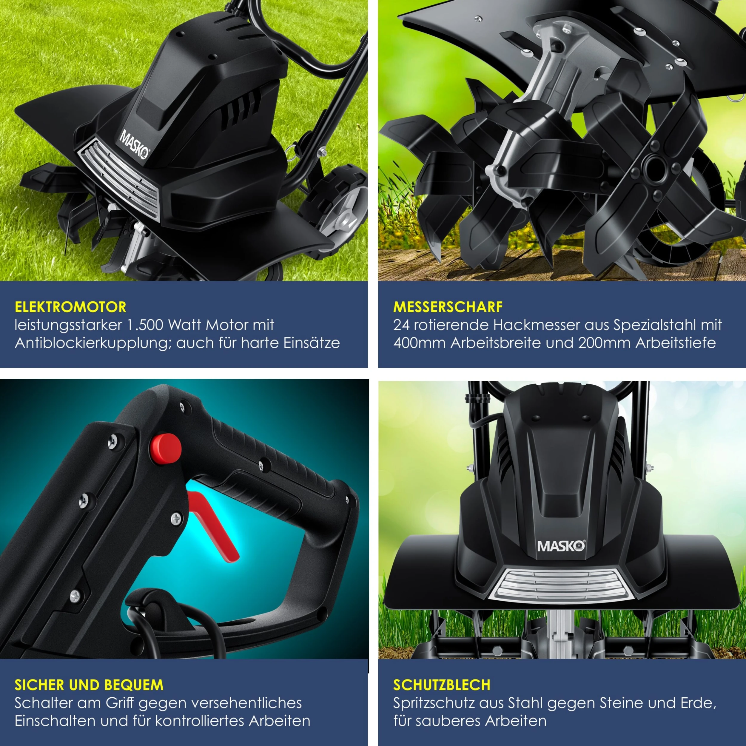 MASKO® Elektrische Motorhacke 1500 Watt | 40cm Arbeitsbreite 20cm Arbeitstiefe | Bodenhacke | Ackerfräse Kultivator Gartenfräse | Elektro Hacke | Klappbarer Handgriff | Metallgehäuse | Transporträder - Image 3