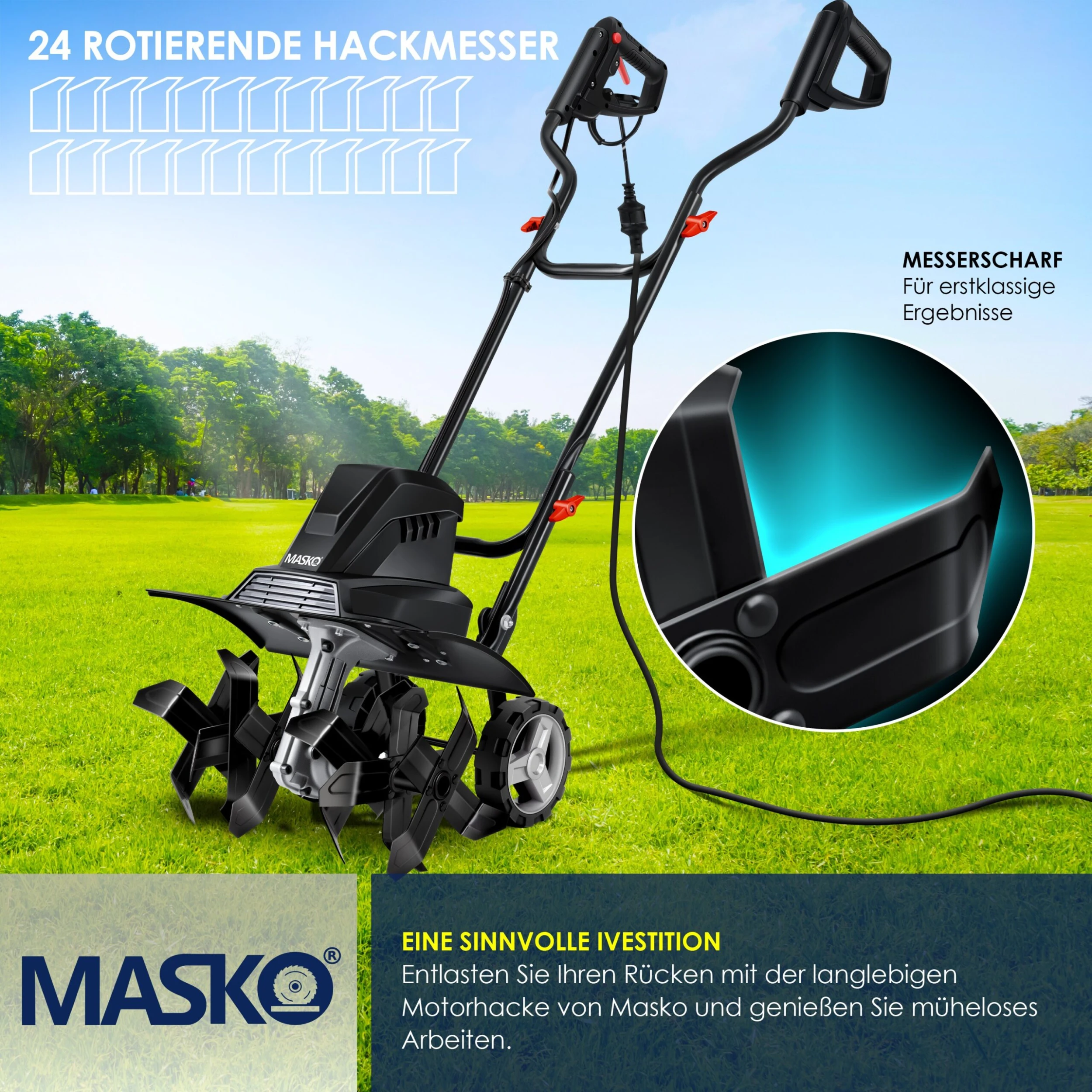 MASKO® Elektrische Motorhacke 1500 Watt | 40cm Arbeitsbreite 20cm Arbeitstiefe | Bodenhacke | Ackerfräse Kultivator Gartenfräse | Elektro Hacke | Klappbarer Handgriff | Metallgehäuse | Transporträder - Image 4
