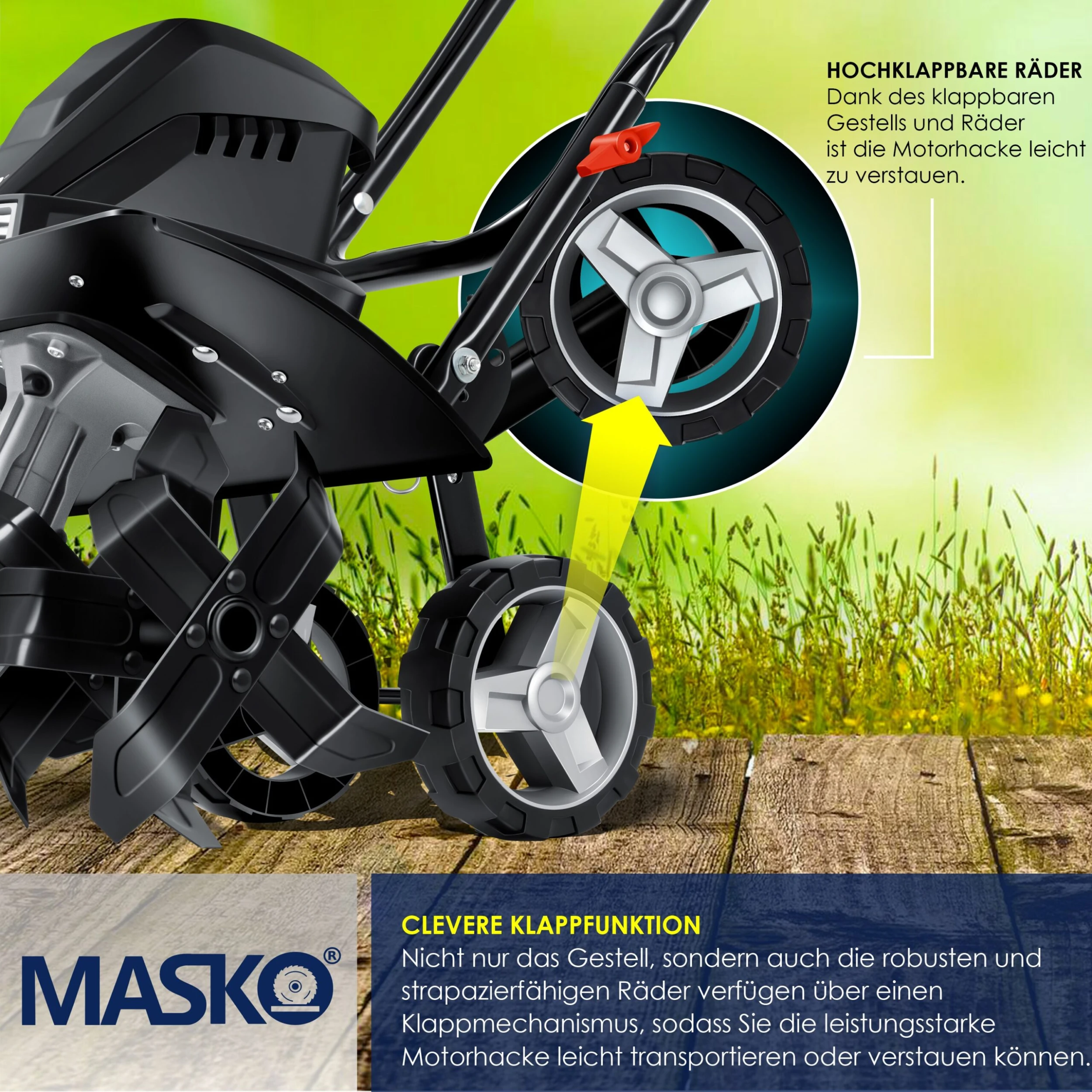 MASKO® Elektrische Motorhacke 1500 Watt | 40cm Arbeitsbreite 20cm Arbeitstiefe | Bodenhacke | Ackerfräse Kultivator Gartenfräse | Elektro Hacke | Klappbarer Handgriff | Metallgehäuse | Transporträder - Image 5