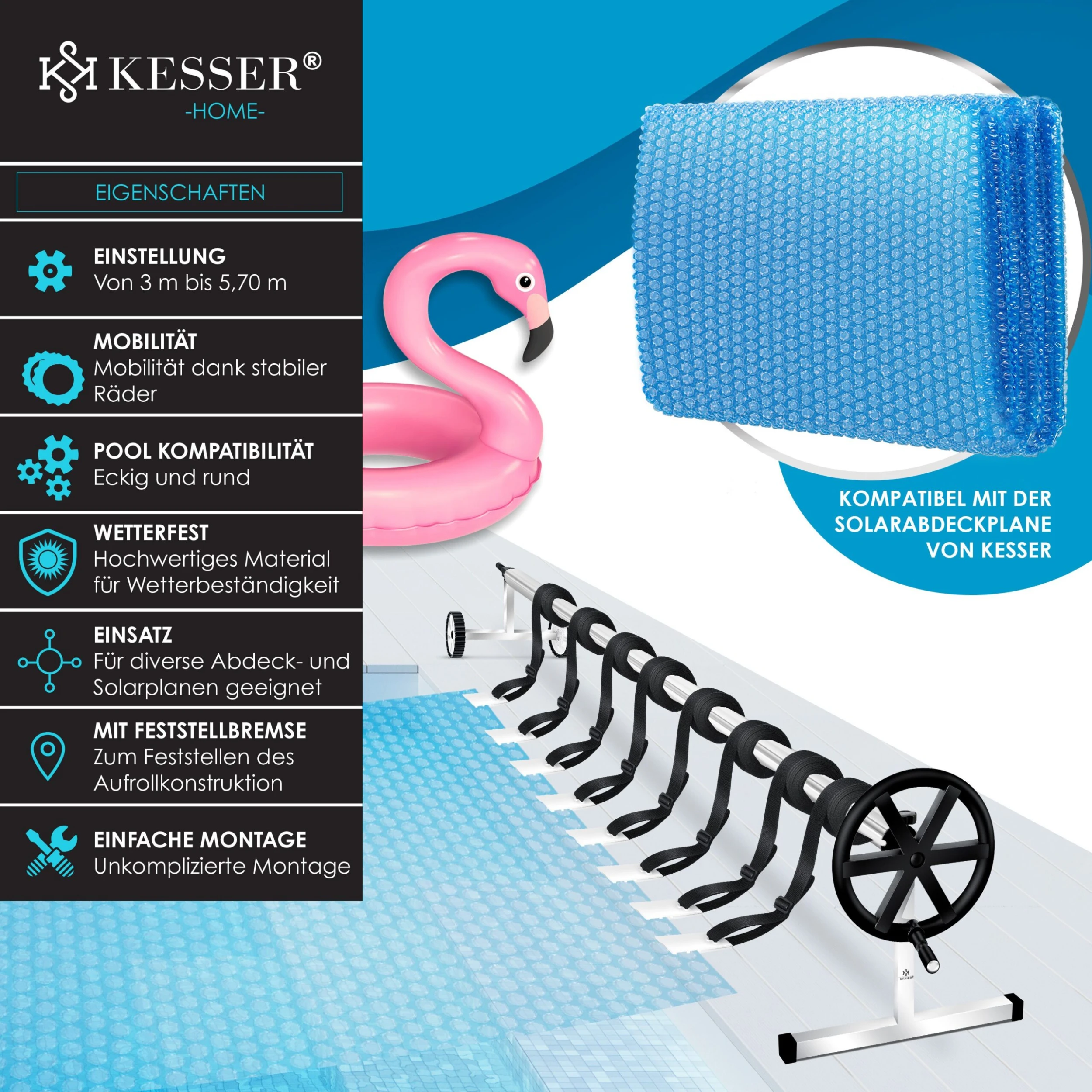 KESSER® Pool Aufroller Premium Aufrollsystem 3m - 5,70m | Mit Rädern | Für Solarplane | Mobiles Aufrollvorrichtung Für Poolplane & Abdeckung | Inkl. Bänder | Witterungsbeständiges Material - Image 2
