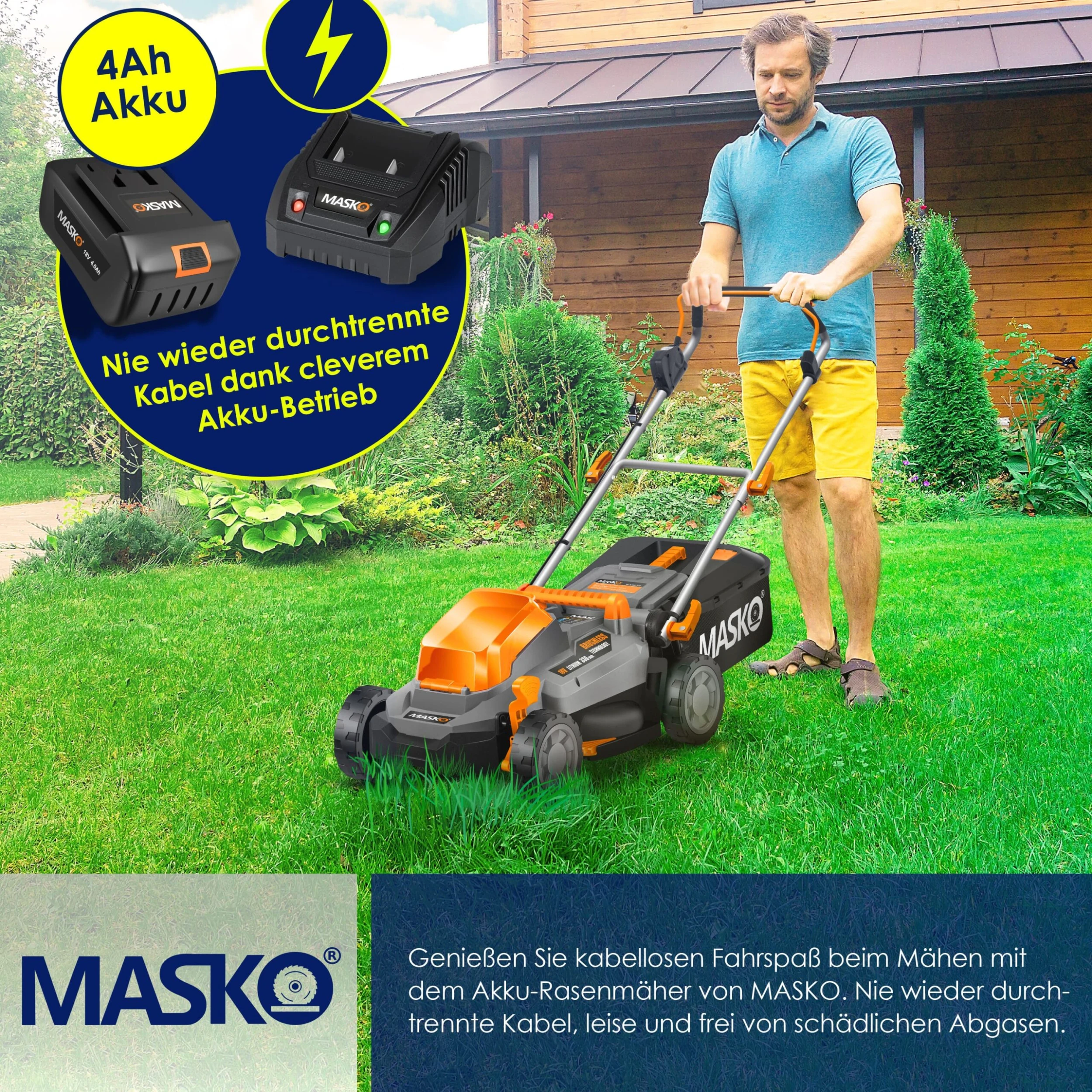 MASKO® Akku Rasenmäher ECO-X10 Inkl. 2X Akkus Li-Ion Batterie 4 Ah & Doppel-Ladegerät – Rasentrimmer Schnittbreite, 25-75mm Schnitthöhenverstellung - Image 6