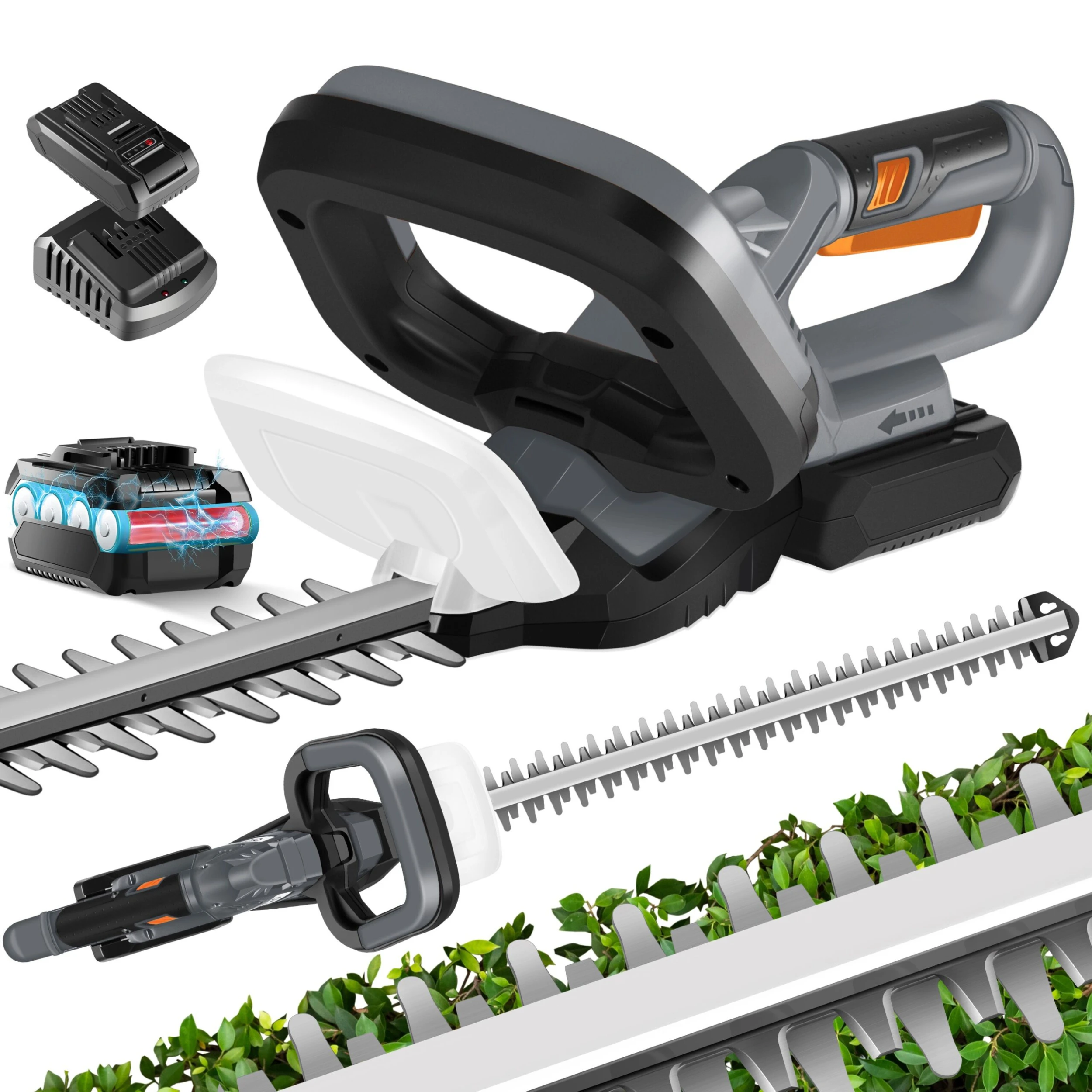 MASKO® Akku Heckenschere Profi Hecken & Strauchschere 57cm Schnittlänge Inkl. 21V Akku 3,0 Ah & Ladegerät Kabellos Elektro-Heckenschere 27mm Zahnabstand Dual Schnittklingen Verstellbarer Griff