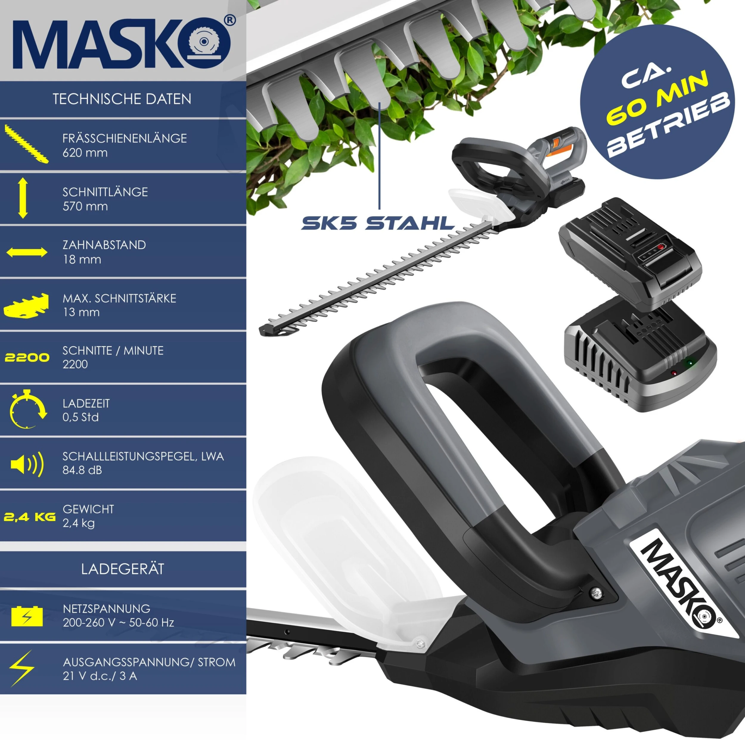 MASKO® Akku Heckenschere Profi Hecken & Strauchschere 57cm Schnittlänge Inkl. 21V Akku 3,0 Ah & Ladegerät Kabellos Elektro-Heckenschere 27mm Zahnabstand Dual Schnittklingen Verstellbarer Griff - Image 2