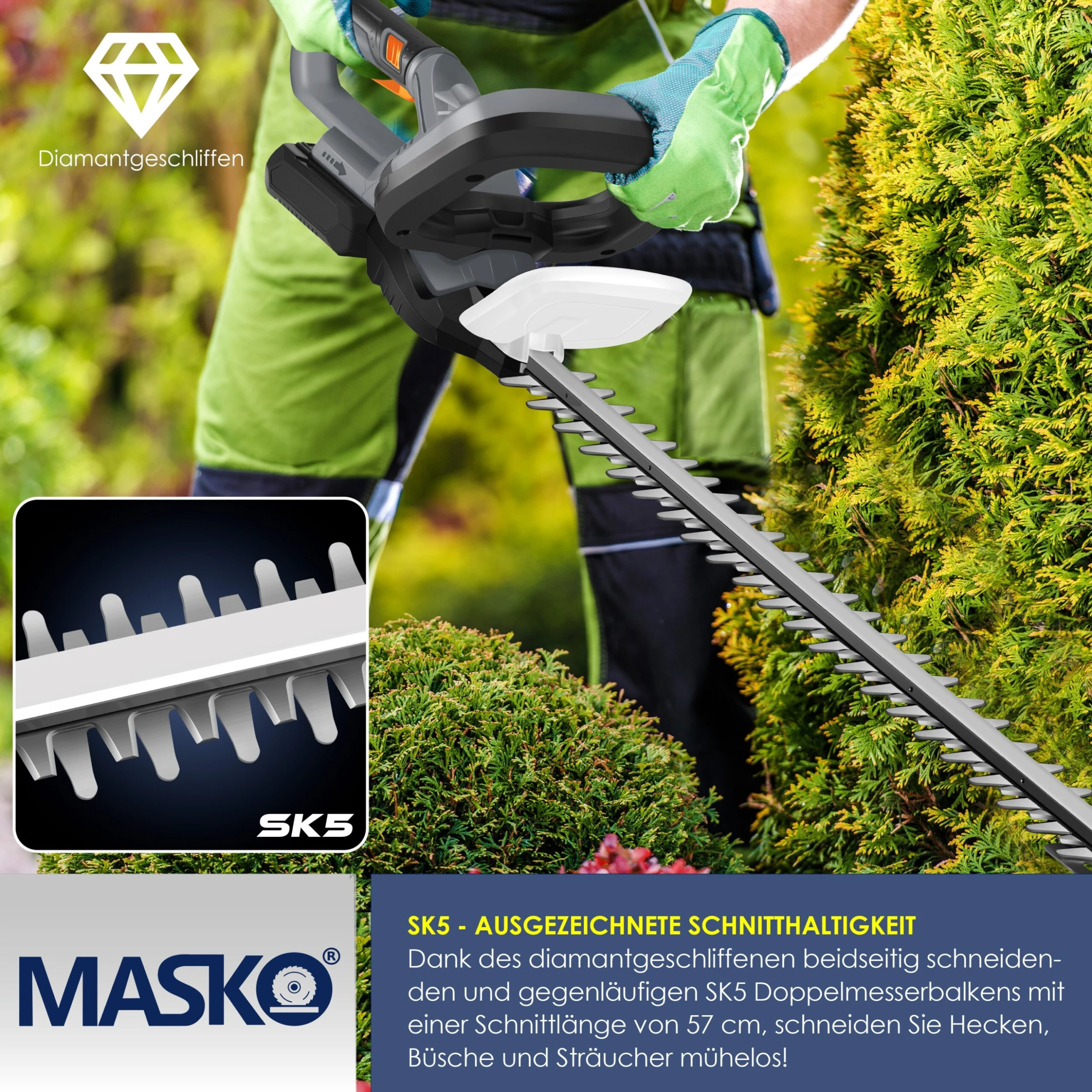 MASKO® Akku Heckenschere Profi Hecken & Strauchschere 57cm Schnittlänge Inkl. 21V Akku 3,0 Ah & Ladegerät Kabellos Elektro-Heckenschere 27mm Zahnabstand Dual Schnittklingen Verstellbarer Griff - Image 6